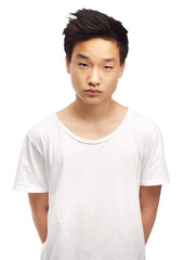 Fashion, confident and portrait of serious Asian man with style on png, isolated and transparent background. Handsome, attitude and young male person in casual clothes, modern outfit and tshirt