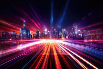 Speed light trails path through smart modern mega city and skyscrapers town with neon futuristic technology background, future virtual reality, motion effect, high speed light, with Generative Ai.