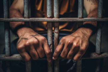 Man behind prison bars. Men's hands rest on the bars of a prison or prison cell. Conclusion concept. Crime and Punishment. Close-up. Repression. Justice. - obrazy, fototapety, plakaty