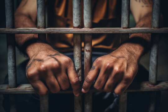 Man behind prison bars. Men's hands rest on the bars of a prison or prison cell. Conclusion concept. Crime and Punishment. Close-up. Repression. Justice.
