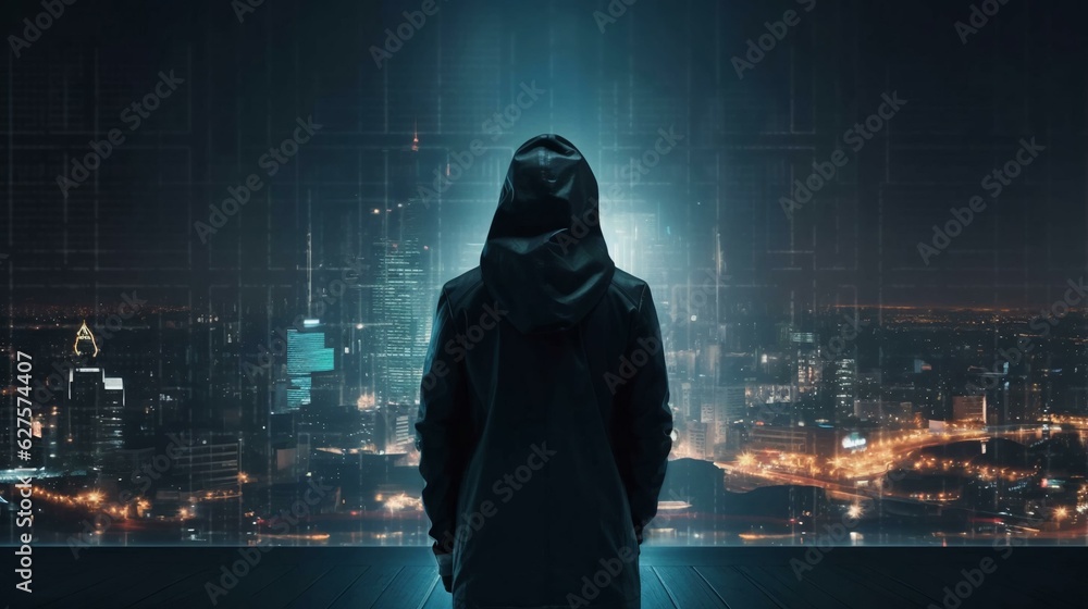 Poster hacker computer cybercriminal criminal with a jacket and a hood on the background of a big city at n