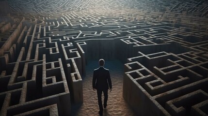A man stands in a maze and thinks, view from the back. The concept of difficulty in making a decision. AI generated