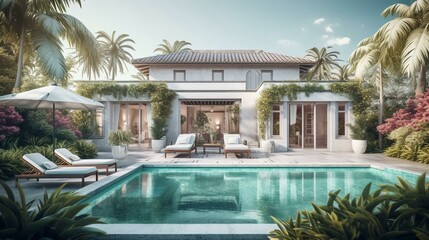 Large white holiday villa, relaxing holiday home surrounded by palm trees in a tropical warm country resort. AI generated