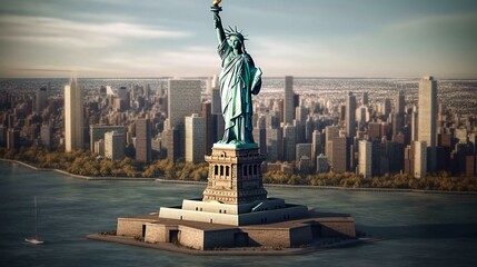 Statue of liberty on the island view from above. A symbol of the freedom and independence of the American people. AI generated