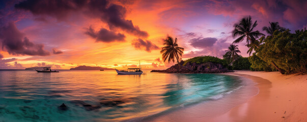 Fototapeta na wymiar Panoramic view of a paradise beach at sunset. Generative AI