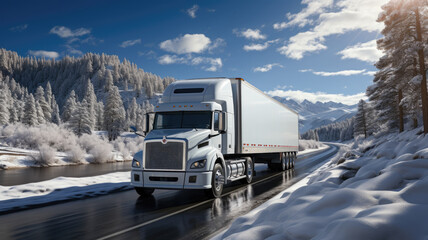 Commercial big rig white industrial long haul semi truck transporting frozen cargo ,generative ai - obrazy, fototapety, plakaty