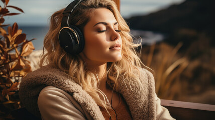 Woman wearing headphones listening to music breathing fresh air relaxing sitting on a bench in...