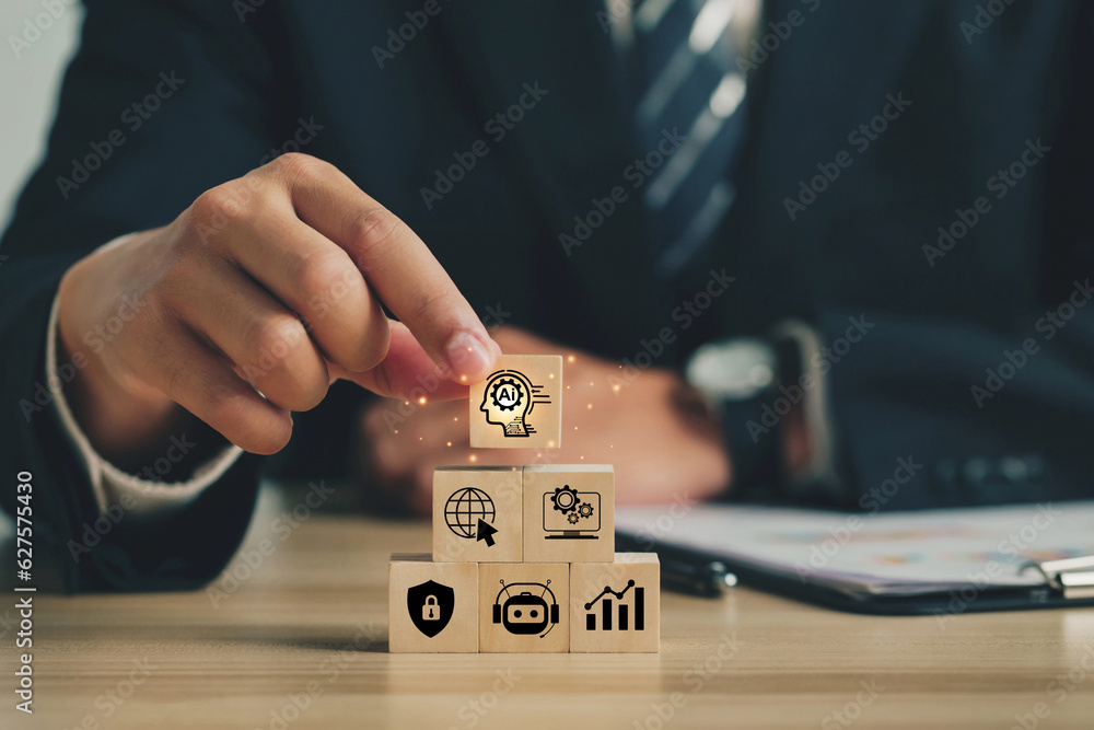 Aufkleber ai technology, artificial intelligence. businessman hand holding wooden cube with ai icon, artificia