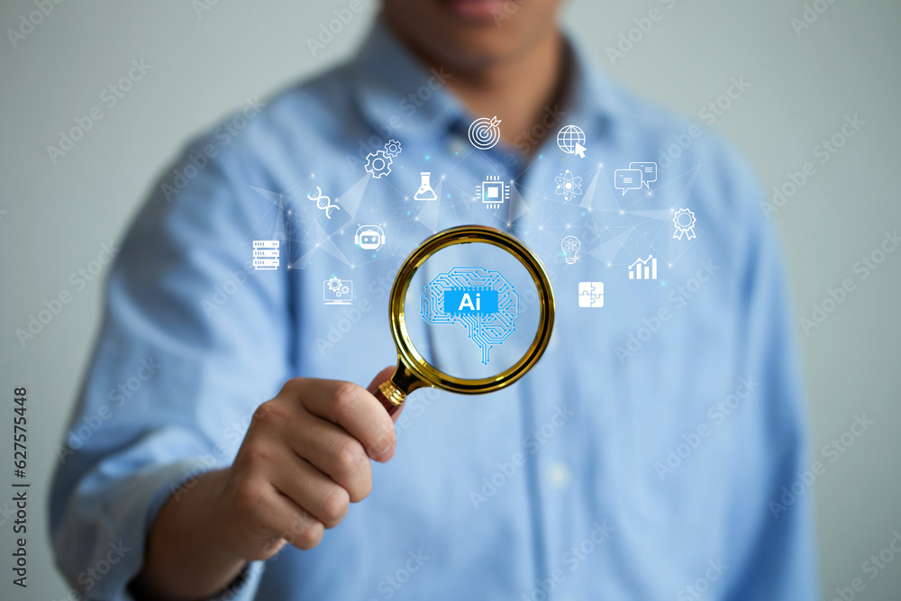 Aufkleber artificial intelligence. businessman holding magnifying glass with ai icons around it. artificial in