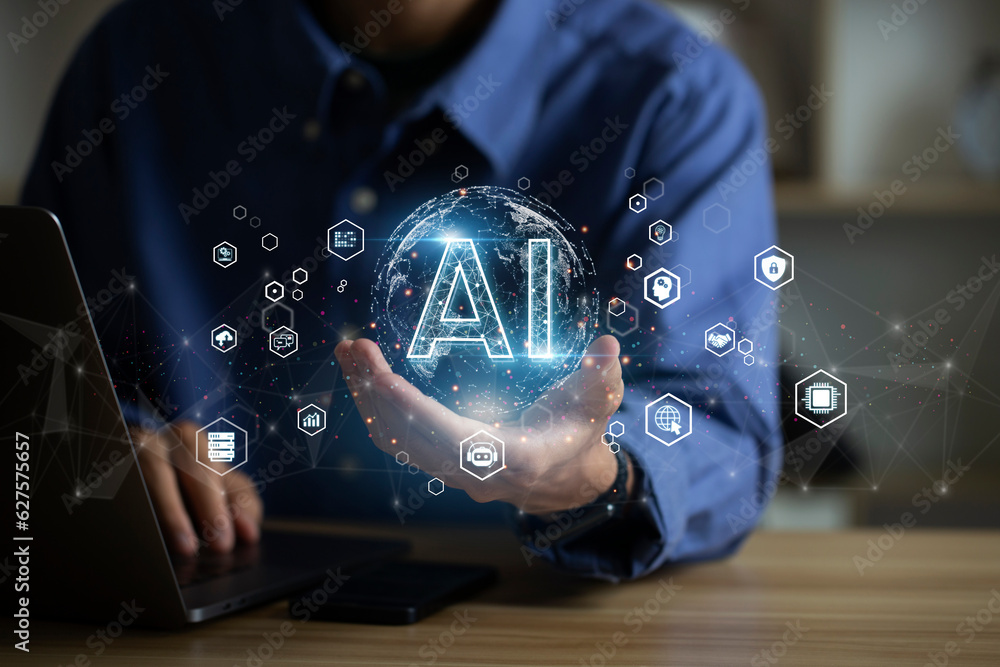 Aufkleber businessman show virtual graphics global internet connects with ai, artificial intelligence to help 