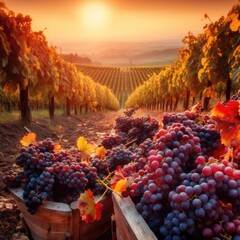 Vineyards at sunset in autumn harvest. Ripe grapes in fall. Generative ai