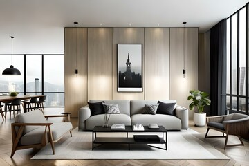 Comfortable grey furniture with wooden shelving unit and black lamp in light living room