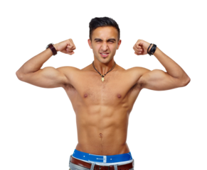 Muscle, portrait and shirtless man with flex for fitness, health and wellness on transparent background. Isolated png, young bodybuilder and male person with arms, strong body and healthy mindset