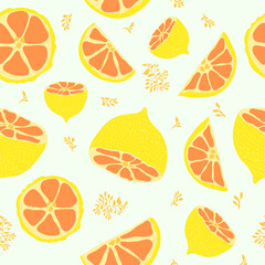 lemons slices with leaves seamless pattern. Lemon or oranges with leaves seamless vector repeat pattern. Suitable for textile, fabric, decoration, wrapping, clothes, packaging and more.