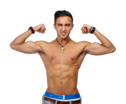 Muscle, portrait and shirtless man with flex for fitness, health and wellness on transparent background. Isolated png, young bodybuilder and male person with arms, strong body and healthy mindset