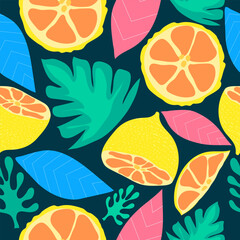 oranges and slices with leaves seamless vector pattern