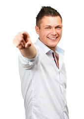 Portrait of young man pointing you to show winner, opportunity or success choice. Hiring worker, employee or happy person, finger and hand sign for recruitment isolated on transparent png background
