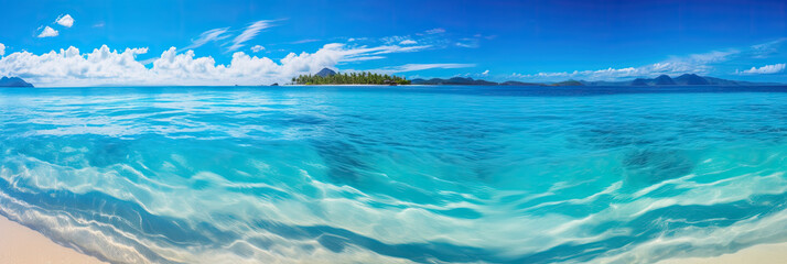 Fototapeta na wymiar Panoramic view of a paradise beach with white sand, palm trees and crystal clear water. Generative AI