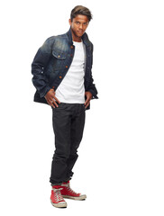 Fototapeta premium Fashion, serious and portrait of man with confidence, attitude and pride on png transparent background. Model, confident and isolated young male person with trendy clothes, style and denim jacket