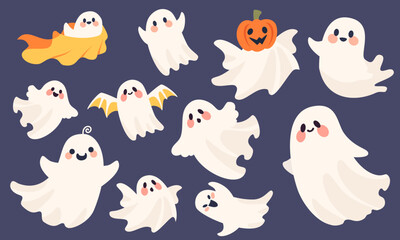 Halloween vector set. Cute kind scary ghosts. Big collection of flying ghosts . Vector illustration