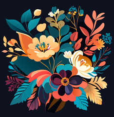 Draw a combination of colorful flowers and leaves on a black background. suitable for many designs