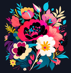 Draw a combination of colorful flowers and leaves on a black background. suitable for many designs