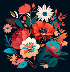 Draw a combination of colorful flowers and leaves on a black background. suitable for many designs