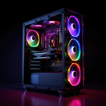 Modern style gaming pc with water cooling and lights. Generative ai