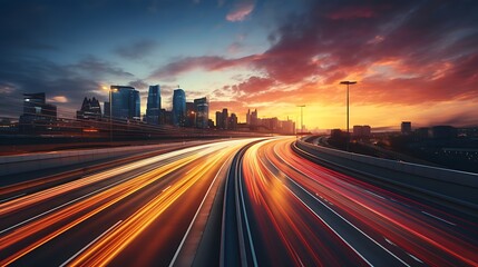 Obraz premium High traffic at sunset in a lighting big metrolpole city with stunning lights and light strips