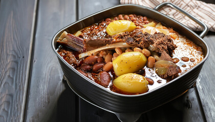 close-up of Traditional Jewish Cholent (Hamin) - main dish for the Shabbat meal slow cooked beef with potato, beans and brown eggs in a metal casserole on a black wooden table