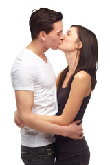 Love, kiss and young happy couple isolated on transparent png background, romance and trust. Hug, man and woman in embrace in support, healthy relationship and future commitment together on date.