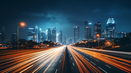 Fototapeta na wymiar High traffic at sunset in a lighting big metrolpole city with stunning lights and light strips | Generative AI