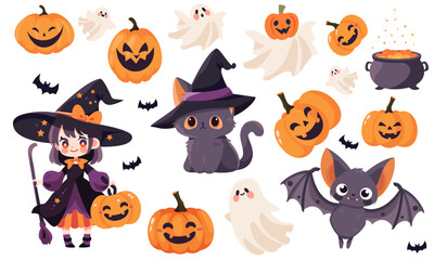 Cute vector set for the Halloween holiday. Girl in witch costume cat in witch hat ghost bats cauldron jack lantern pumpkins. Characters on white background . Vector illustration