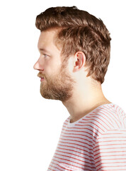 Obraz premium Confident, casual and profile of young man with beard and trendy, stylish or edgy tshirt. Serious, natural and handsome male model from Australia with face hair isolated by transparent png background