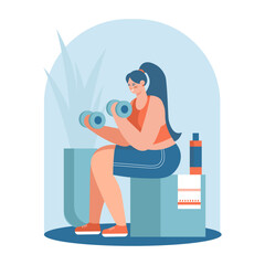 Woman holding dumbbells and doing exercise for arm muscles while sitting. Regular physical activity. Morning training and fitness time. Concept of healthy lifestyle. Flat vector illustration