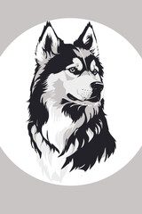 wolf, black and white, Siberian Husky simple logo vector black and white, flat vector, wolf portrait, husky portrait, animal vector illustration, digital art, digital painting, black and white 