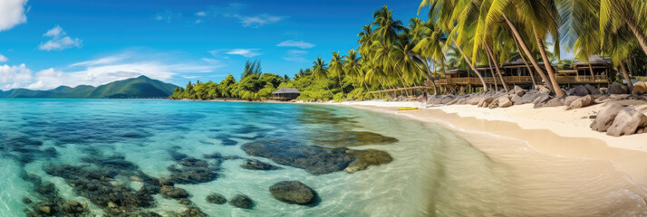 Panoramic view of a paradise beach with white sand, palm trees and crystal clear water. Generative AI - obrazy, fototapety, plakaty