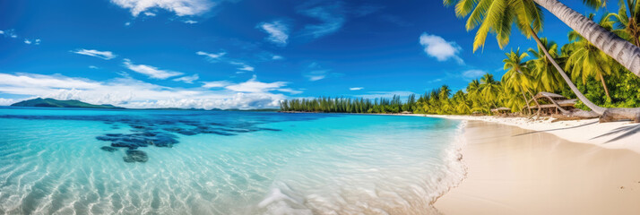 Fototapeta na wymiar Panoramic view of a paradise beach with white sand, palm trees and crystal clear water. Generative AI