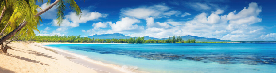 Fototapeta premium Panoramic view of a paradise beach with white sand, palm trees and crystal clear water. Generative AI