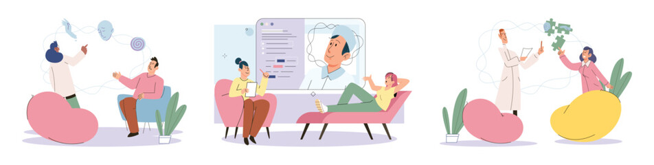 Counselling assistance of a psychologist. Patients problem. Psychologist has an individual meeting with her patient. Psychotherapists, psychologists work with mental health of clients, patients
