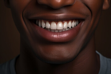 Close-up of male beautiful healthy smile, front view of African American lips and clean white even teeth. Advertising stomatology and orthodontist, oral care and hygiene concept