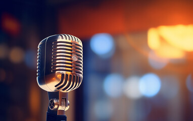 Side view of a radio microphone with studio background blur, lighting, and side blank space