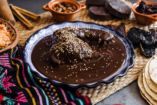 mole poblano is sauce with chicken mexican traditional food in Mexico Latin America