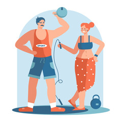 Man exercising with kettle bell, woman holding skipping rope. Regular physical activity. Morning training and fitness time. Concept of healthy lifestyle. Flat vector illustration in blue colors