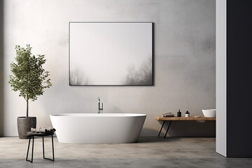 Fototapeta na wymiar Interior of modern bathroom with white walls, concrete floor, comfortable bathtub standing on gray countertop and vertical mock up poster frame. 3d rendering