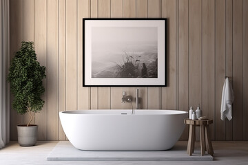 Fototapeta na wymiar Interior of modern bathroom with wooden walls, concrete floor, white bathtub standing near window and plant. Mock up poster frame. 3d rendering