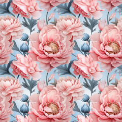 Seamless pattern with 3D pastel peon flowers. Floral background design for cosmetics, perfume, beauty products. Can be used for greeting card, wedding invitation, craft paper, wrapping
