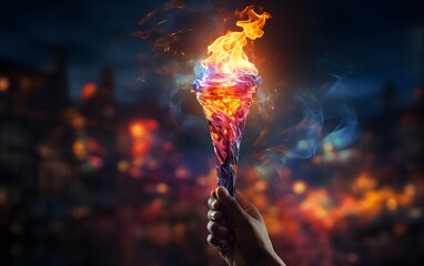 Hand holding olympic torch flame form lines triangles background with copy space for text. generative ai
