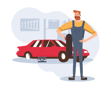 Man holding wheel and ready to perform replacement. Car repair and restoration in service center. Technic occupation. Flat vector illustration in cartoon style in brown and yellow colors