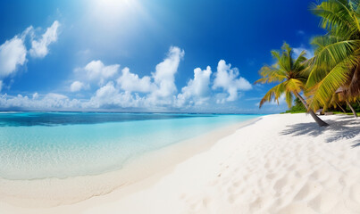 Fototapeta na wymiar gebogene Palme am türkisblauen Meer mit weißen Sandstrand